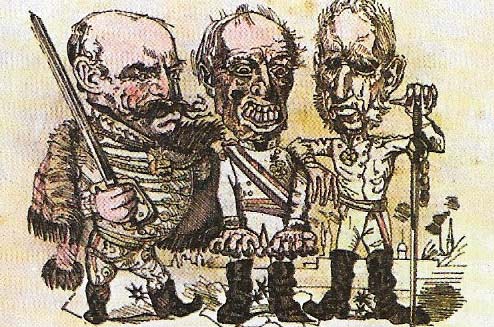 Military saviours of the Hapsburgs (caricatured left to right) were Jellacic (1801-59), who led Croats against Magyars in independent Hungary, Radetzky (1766-1858), who successfully ended the Italian revolts, and Windischgratz (1787-1862), who subdued Vienna and Bohemia.