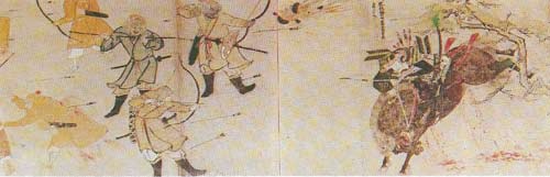 In 1274 Kublai Khan launched a force of almost 30,000 troops against western Japan, but violent storms drove his ships back to their bases. Seven years later a second expedition (shown here) landed in Kyushu. Well-organised resistance, stone defences and gales combined to repel the invaders.