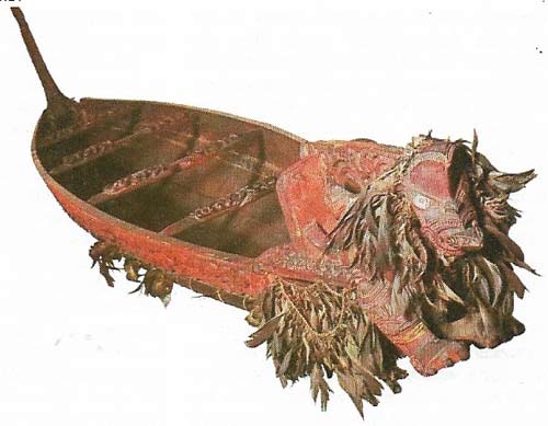 The Māoris of New Zealand, whose Polynesian ancestors paddled some 3,300 kilometers (2,000 miles) across the Pacific in about the 13th century, were unsurpassed craftsmen of dugout canoes, of which a model is shown here. Their war canoes, carrying up to 100 men, were elaborately carved by sculptors who also taught their pupils the magical and religious ritual associated with the craft. Paddled at full speed, they could overtake European sailing ships. 