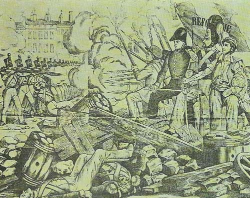 Paris barricades in March 1848 were manned by middle-class liberals, working-class socialists, and the unemployed. Shattered by his unpopularity, Louis-Philippe abdicated within a few days.