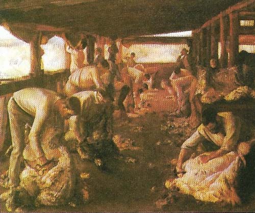 'Shearing the Rams' by Tom Roberts (1856-1931) shows a sheep-shearing scene in Australia in the 1890s. Spanish merino sheep were first imported from South Africa in the late 1700s, and later from England.