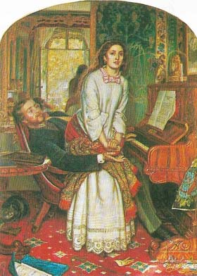 William Holman Hunt (1827-1910) was a Pre-Raphaelite who in 'The Awakening Conscience' (1853) turned his attention to personal morality, preaching a sermon to his middle-class audience on the evils and pathos of adultery. The girl starts up from her lover's lap on being reminded of her lost innocence by the tune he is playing and by the sunlit garden outside.