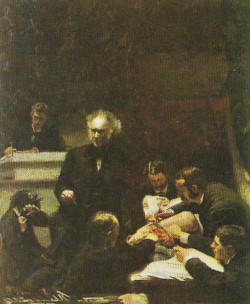 The discovery of anesthetics and antiseptics made surgical operations (as distinct from dissections) a possible subject for art. The opportunity was seized by the American Thomas Eakins in 'The Clinic of Dr Samuel Gross' (1875).