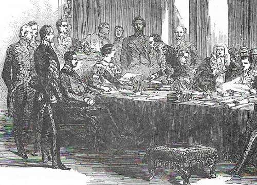 The queen, as head of state, appointed each new prime minister. Here she is shown giving the seals of office to Lord John Russell (1792-1878) in 1846 after the fall of Peel's ministry on the controversial issue of the repeal of the Corn 
Laws.