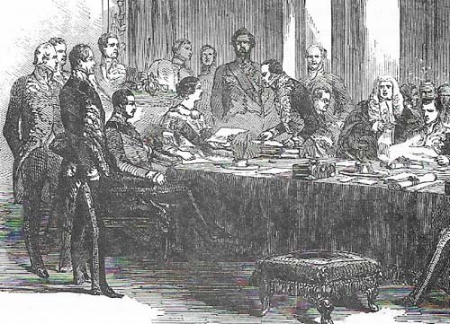 The queen, as head of state, appointed each new prime minister. Here she is shown giving the seals of office to Lord John Russell (1792-1878) in 1846 after the fall of Peel's ministry on the controversial issue of the repeal of the Corn
Laws.