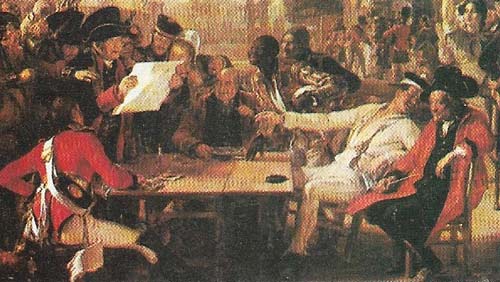 David Wilkie's 'Chelsea Pensioners reading the Gazette announcing the Victory of Waterloo' (1822, detail), is an example of early