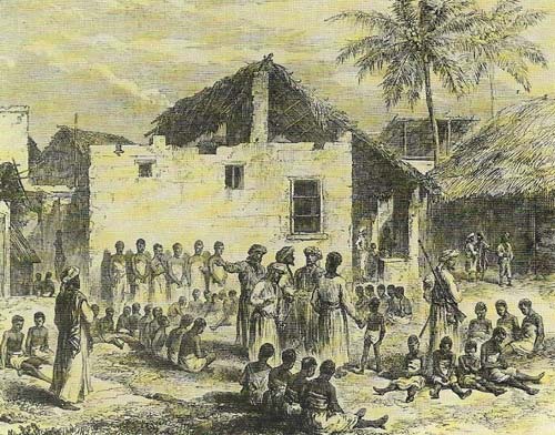The great slave market at Zanzibar became the center of Arab trading on the east coast after the Portuguese evacuation at the end of the 17th century.