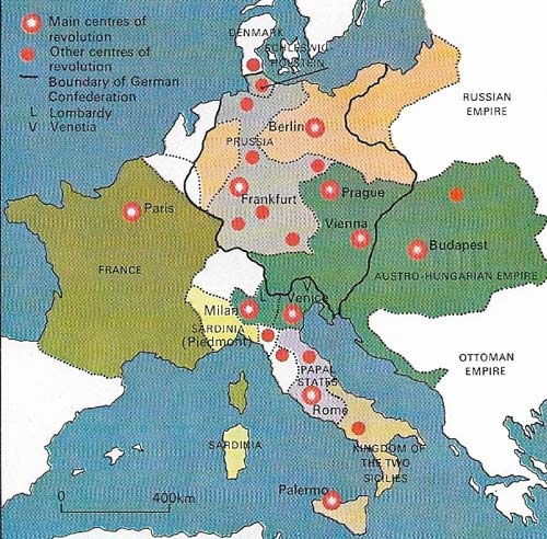 The revolutions of 1848 were urban; the peasants were apathetic or conservative. Political ideas spread quickly along the new railways, attracting city intellectuals, workers and businesses.