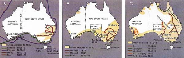 Explorers during the first half of the 19th century sailed round the uncharted coasts of Australia and probed the interior from settled areas in the southeast. They journeyed up the great rivers and across mountains and deserts in search of fertile land and an inland sea which they believed to exist. Later explorers, mostly from Europe, established that the heart of the Australian continent was barren.