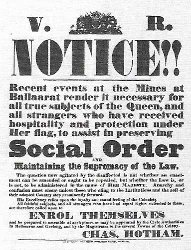 The 'Eureka Stockade' of 1854 began when a group of gold miners on the Eureka field near Ballarat, Victoria, reacted violently to the police and military who were harshly enforcing the law requiring miners to be licensed. They built a rough wooden stockade which was easily overcome by the troops. But the incident captured public attention and the organization of mining and electoral legislation were reformed.