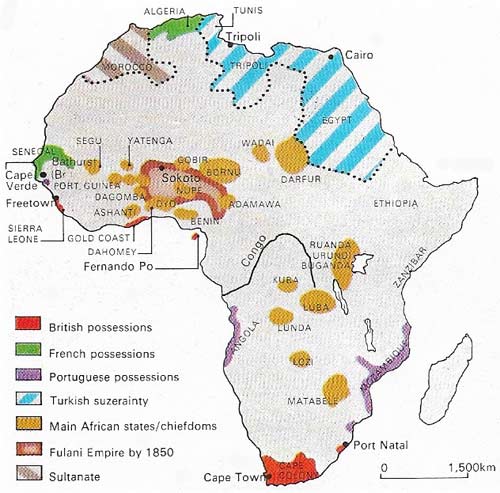 European possessions in Africa in 1830 were few. France had invaded Algeria (1830) and some Boer (Dutch) settlers were trekking out of the British Cape Colony into the hinterland of South Africa. Britain and France has a few tiny colonies in West Africa – Senegal, Sierra Leone and a Gold Coast. Apart from Europeans on trading posts, only the Portuguese had old-established colonies – in coastal parts of Angola and up the Zambezi valley of Mozambique. Although the Egyptians had conquered the Nilotic Sudan in 1821, the rest of the continent consisted of African empires, kingdoms, and peoples who still maintained their independence.