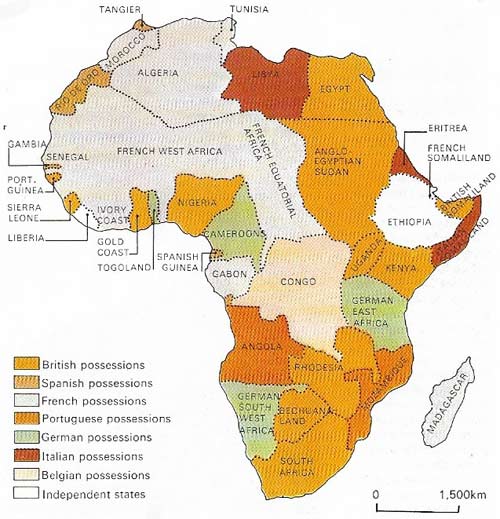 A map of Africa in 1914 shows how it had become partitioned among seven European countries.