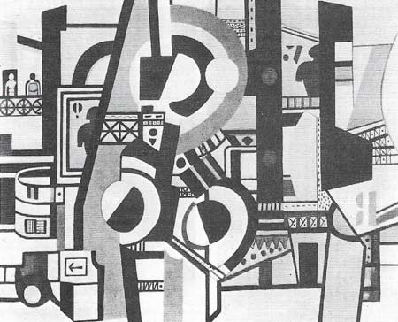 Leger, in his painting 'Discs in the City' (1919-1920), focuses on a combination of flat discs, which appear mechanically geared together, suggesting the potential for movement.