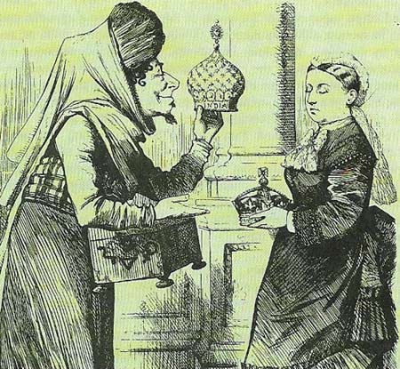 Stable British rule in India underlined when Queen Victoria became Empress of India in 1876, at Benjamin Disraeli's suggestion. The event was depicted in a contemporary cartoon.