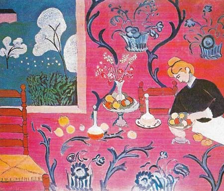 In Matisse's 'Harmony in Red' (1908-1909), a large-scale decorative painting, the patterns and the wallpaper and the cloth are is important pictorially as the woman on the chair.