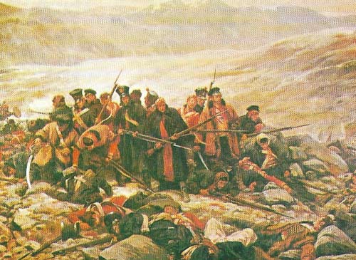 British and Indian troops on the Northwest Frontier were deployed in large numbers in attempts to check the historical incursions of mountain tribesmen into the plains of northern India. When the British became rulers of India they were determined to subdue the unruly hill men. They also feared that their great rivals in Central Asia, the Russians, would try to undermine their power in India using Afghanistan as an ally. Desperate rearguard actions, such as that depicted in W. B. Wollen's painting 'Last Stand of the 44th Foot at Gandamuk', followed some Afghan campaigns.