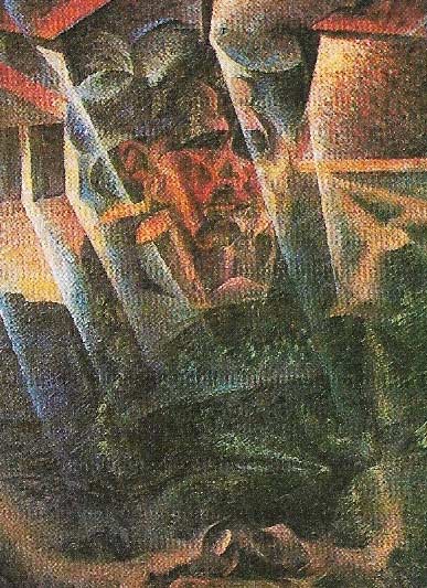 To the Futurists even an immobile figure could seem dynamic because of its unrelenting psychological mobility and potential for movement. Thus Boccioni painted his mother in a still pose in 'Matter 1912' (detail, shown here).