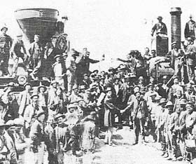 The continent was spanned by rail in 1869 when the Central Pacific and Union Pacific railways were linked by a golden spike at Promontory Point, Utah. By 1870 85,000 km (52,800 miles) of rail existed. 