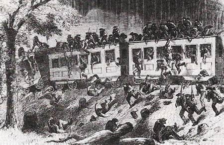 The American Civil Was (1861-1865) was the first major war in which railways played a decisive role. Here, a train bringing Union reinforcements to General Johnston has run off the track in the forests of Mississippi (1863).