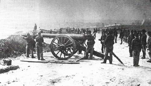 Union troops with a battery of 32-pounders near Fredericksburg were photographed by Matthew Brady (c. 1823-1896), one of the first war photographers in history.