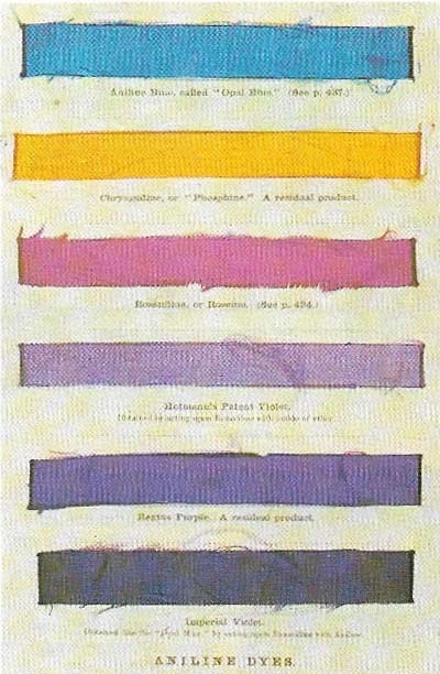 In the middle of the 19th century William Henry Perkin (1838-1907), in his laboratory, carried out research in organic chemistry and in particular into quinine and a substance derived from the coal-tar product aniline. By chance this led him to discover a mauve dye. Previously purple colours could be produced only from expensive natural product. Other aniline dyes followed - some early examples are shown from the Popular Science Review (1864).