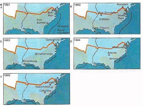 Erosion of Confederate territory was steady after an initial stalemate (A) in 1861 when the North realised it must blockade the South. In 1862, after victories westwards, the Union advanced from the north (B). By May 1863 it controlled the Mississippi (C). By the end of 1864 Sherman had split the South in two (D). Surrender became inevitable in 1865 after further Union gains (E).