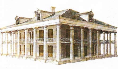 A stately mansion with stucco columns and verandas on the ground and first floors was the focal point of many Southern plantations.