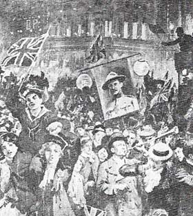 London celebrated the relief of Mafeking in 1900 during the Boar War with an outburst of national pride fuelled by widespread reporting of the war in the popular press.