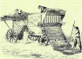 This steam-driven threshing machines displaced the primitive flail during the 1830s.