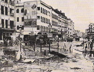The aftermath of bitter riots in Calcutta in 1946, when at least 4,000 people died in the communal fighting, is illustrated here.