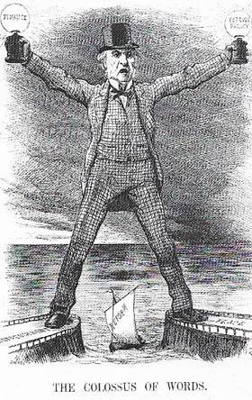 William Ewart Gladstone (1809-1898) is depicted here as the 'Colossus of Words', whose policies of peace and liberalism serve as an inspiration for reform at home.