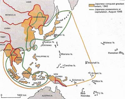 Japan's territorial acquisitions in World War II reflect its initial aims: to conquer China before dealing with the USSR and to control the southwest Pacific.