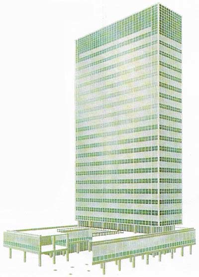 Lever House in New York, designed by Gordon Bunshaft of Skidmore, Owings and Merrill, is an example of the glazed curtain wall.