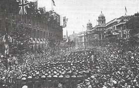 British troops marched along Whitehall, London, in July 1919 in a 'Peace Procession' that marked the signing of the treaty of Versailles. But disillusionment soon replaced enthusiasm.