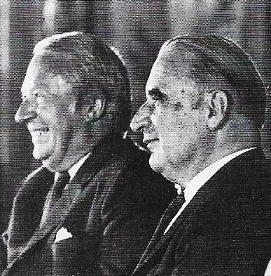 The leaders of France and Britain, Georges Pompidou (1911-1974) (right) and Edward Heath (1916-2005) (left) cleared the way for Britain to enter the EEC, in January 1973.