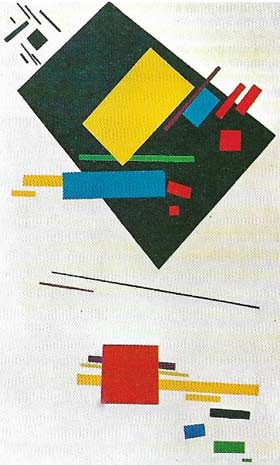 In 1915 Kasimir Malevich exhibited a simple square on a white ground. The painting shown here, 'Suprematist Painting' (1915), combines geometric shapes which by their overlapping, their different sizes and their color, create the illusion of movement in space.
