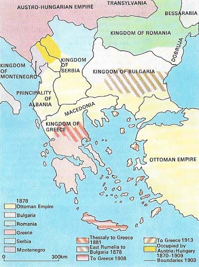 The new Balkan states, formed as a result of Turkey's retreat from Europe, were in dispute with each other: Serbia and Bulgaria over Macedonia; Romania and Bulgaria over Dobruja; and Romania and Austria-Hungary over Transylvania.