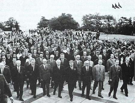 Alexander Dubcek (front, second right) kept in uneasy step with other Eastern European leaders at their meeting in Bratislava on 3 August 1968.