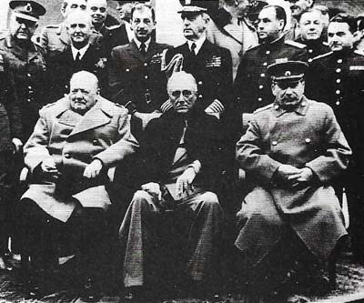 The three leaders of the Grand Alliance, Churchill (left), Roosevelt (center) and Stalin, met at Yalta in February 1945.
