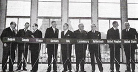 By 1955 West Germany had made an amazing recovery. At Paris in 1954 the powers met to determine the extent of her entry into the European community. Konrad Adenauer, seen here with other leaders, had worked for this since becoming Federal Chancellor of West Germany in 1949.