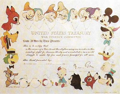 War savings were encouraged by all countries to stop inflation, this US Victory Bond was designed by Walt Disney.