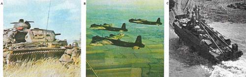 Increasingly sophisticated weapons appeared as the war progressed. (A) Mastery of tank warfare gave the Germans their initial successes. (B) Heavy bombers carried death and destruction deep into the German homeland but failed to break civilian morale. (C) The Allies then had to invent and perfect the techniques of amphibious warfare in order to invade 'Fortress Europe'.