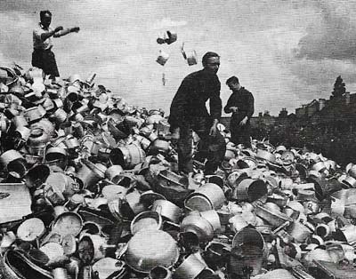 Saucepans were collected for aluminum for making aircraft after a British Government appeal in 1940.