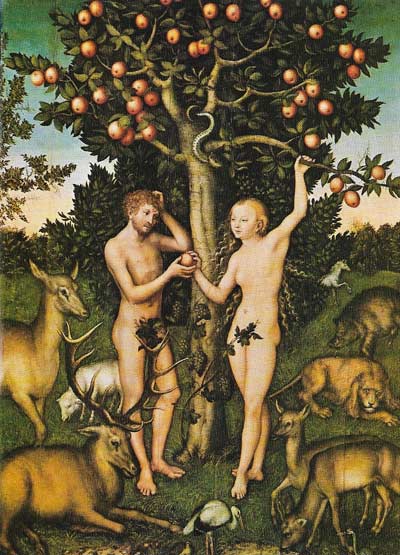 The story of Adam and Eve, splendidly portrayed by the German painter Lucas Cranach (1472–1553), is an allegory of man's fall and his anguished sense of separation from cosmic unity.