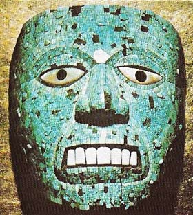 This Aztec mask, covered in turquoise, is believed to represent Tlaloc (or the Mayan Chaac).