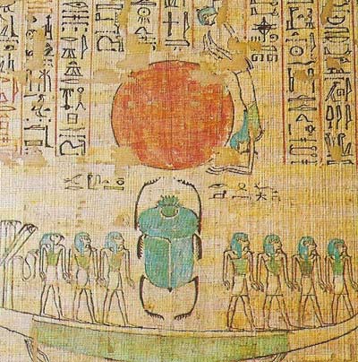 The rising sun in Egyptian mythology is symbolized by the scarab beetle Khepri, here being lifted out of the primeval waters (from an 1150 BC papyrus).