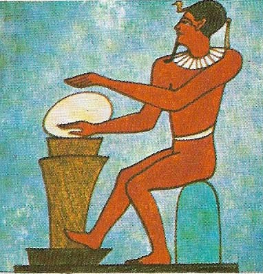 One version of Egyptian creation myths has Ptah of Memphis shaping the world, in the form of an egg, on a potter's wheel.