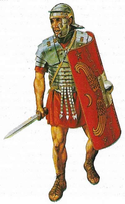 A large shield and short-sword were standard equipment for the Roman legionary.