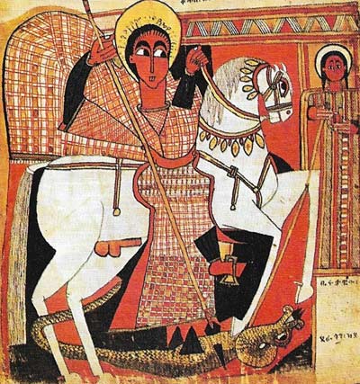 St George, seen here in a 17th-century Ethiopian painting, may have originated in an historical figure who lived in Palestine in the 3rd century.