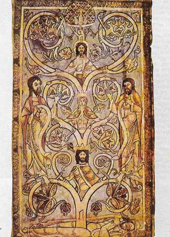The branches of the Tree of Jesse, in this 12th-century French version, support his descendants, David, the Virgin Mary and Jesus.